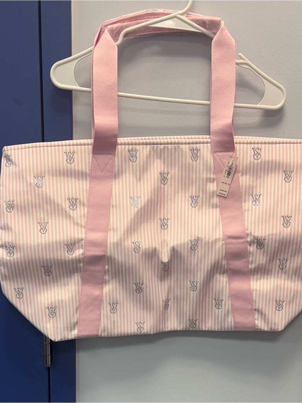 Victoria's Secret Pink Striped Tote with Silver Logo Accents